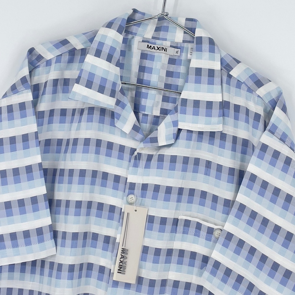 MAXINI Mens XL Blue Plaid Button Up‎ Short Sleeve Casual Shirt